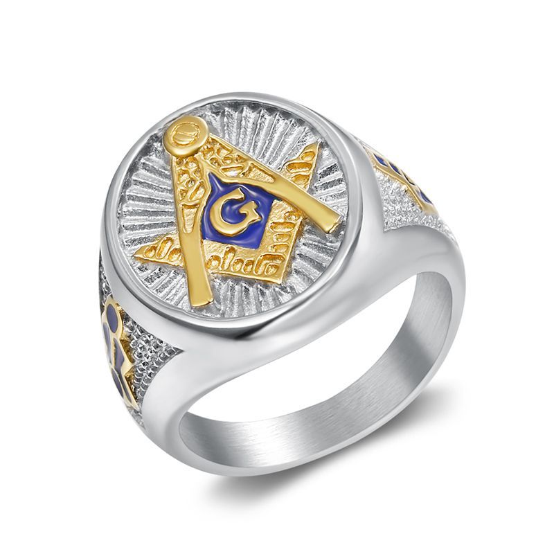 Stainless steel masonic punk jewelry gold plated painted blue men’s gold ring