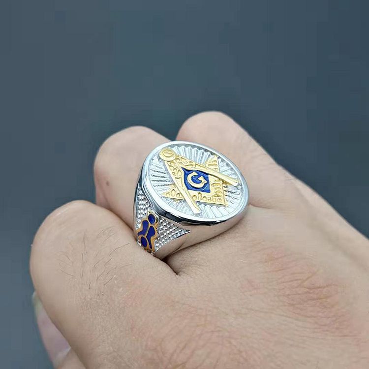 Stainless steel masonic punk jewelry gold plated painted blue men’s gold ring