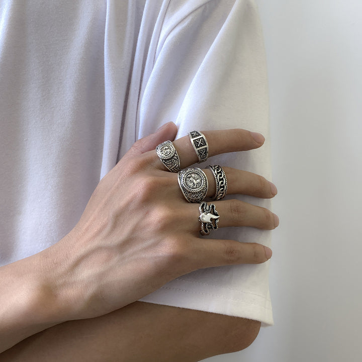 Vintage Hip Hop Simple Fashionable Popular Geometric Cool and Handsome Design Ring Set