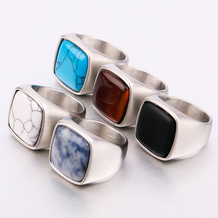 Stainless Steel Natural Stone Rings Gemstone Agate Stone Rings for Men