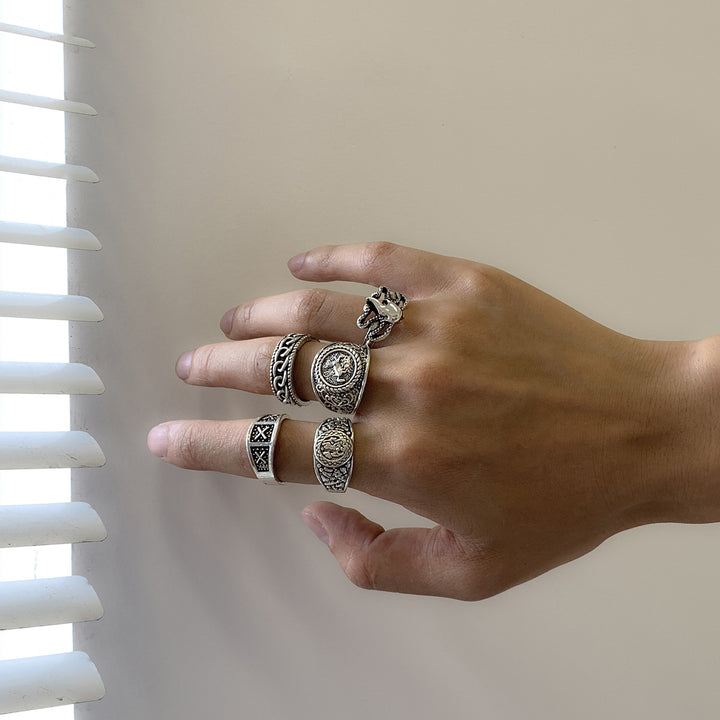 Vintage Hip Hop Simple Fashionable Popular Geometric Cool and Handsome Design Ring Set