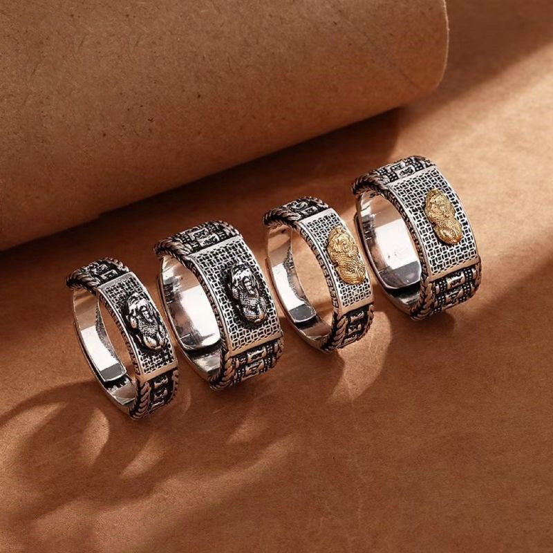 New Men Feng Shui Amulet Wealth Ring Lucky Open Adjustable Ring China Traditional Culture Pixiu Ring