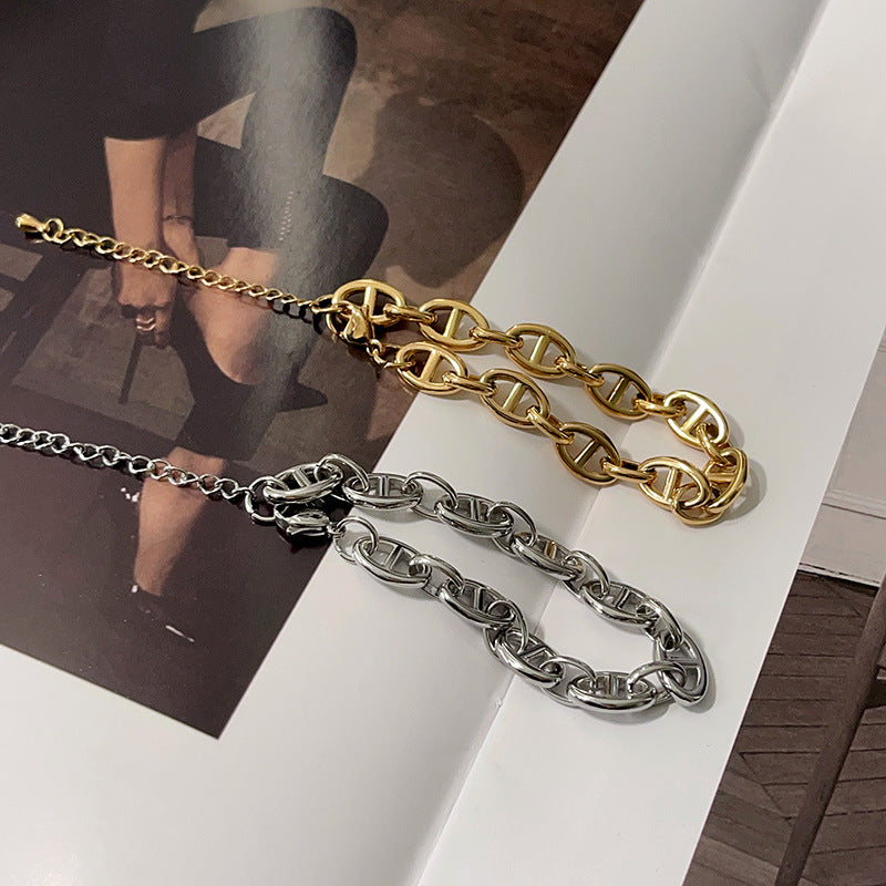 Stainless Steel Cuban Chain bracelet Single buckle flat pressing Chain Bracelets