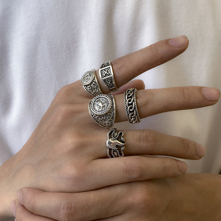 Vintage Hip Hop Simple Fashionable Popular Geometric Cool and Handsome Design Ring Set